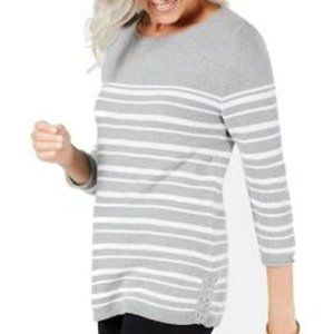 Karen Scott Gray Cotton Stripped Side Lace Sweater